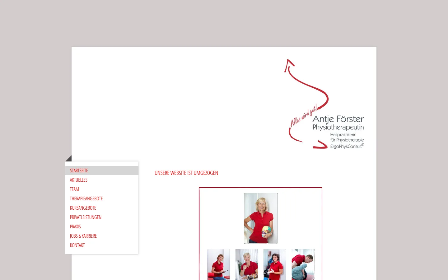 Früherer Jimdo-Auftritt der Physiotherapiepraxis mit Hinweis auf die umgezogene Website