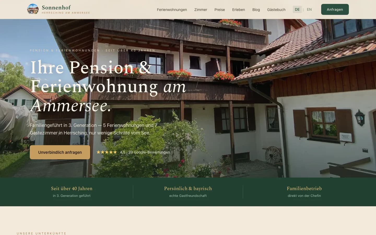 Aktuelle Website des Sonnenhofs Herrsching im Landhaus-Stil