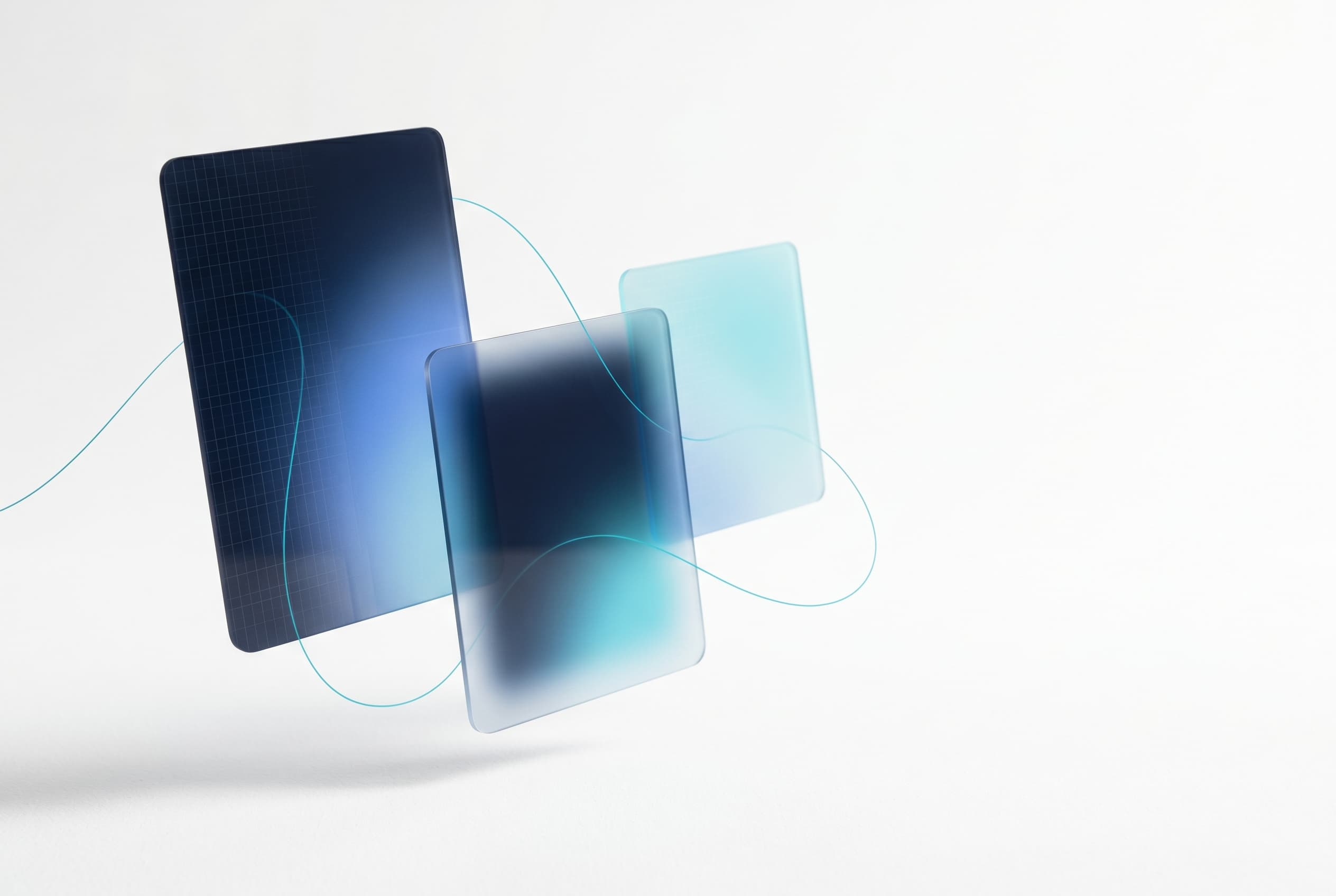 Abstrakte Visualisierung von Workflow-Automation — geometrische Glaskarten, die einen vernetzten Prozess andeuten